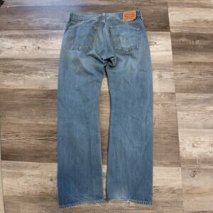 Levis 501 Mid Wash Blue Mens 34x30 Straight Leg Button Fly Denim Jean Distressed